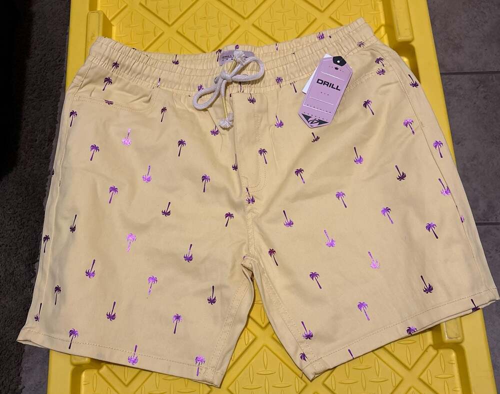 Drill NYC Clothing Men's Yellow Purple Palm Tree Shorts Drawstring Size X Large